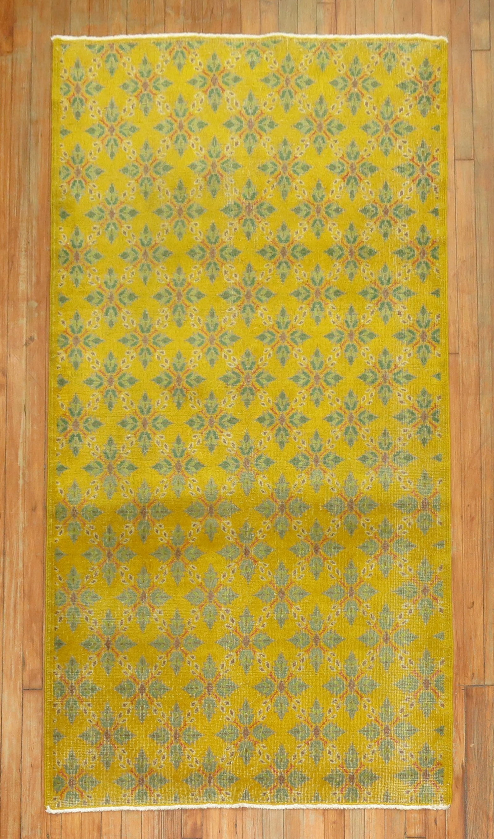 3' 10" x 6' 10" Vintage Anatolian Konya Accent Rug Yellow Field: 3' 10" x 6' 10" Vintage Anatolian Konya Accent Rug Yellow Field Vintage Turkish Konya rug with a yellow field, dating to the mid 20th century. This pre-owned Anatolian accent rug offers a classic regi