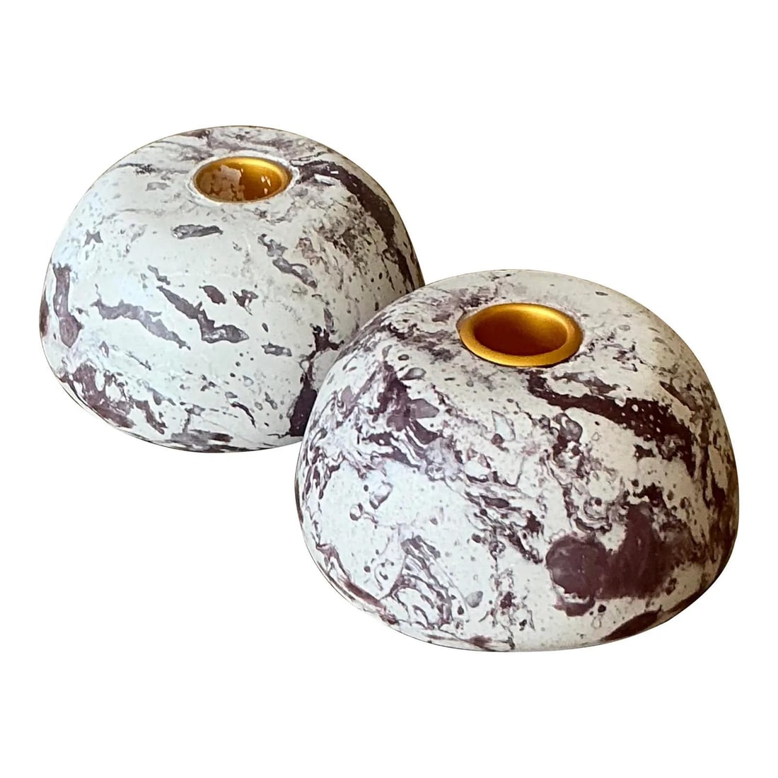 Pair of Italian Scagliola Plaster Low Dome Candle Holders with Faux Marble Veining Set of 2: Pair of Italian Scagliola Plaster Low Dome Candle Holders with Faux Marble Veining Set of 2 This set of two vintage Scagliola candlestick holders features a low-dome, or "bun," silhouette crafted from