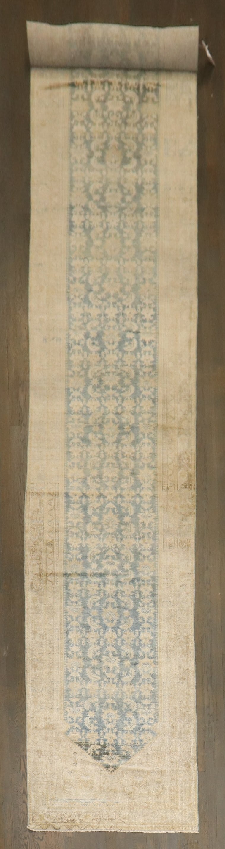 3' 1" x 22' 7" Persian Malayer runner in blue and beige: 3' 1" x 22' 7" Persian Malayer runner in blue and beige A Persian Malayer long runner featuring a predominantly blue palette with beige accents. This pre-owned rug dates to the 2nd quarter of the 20th