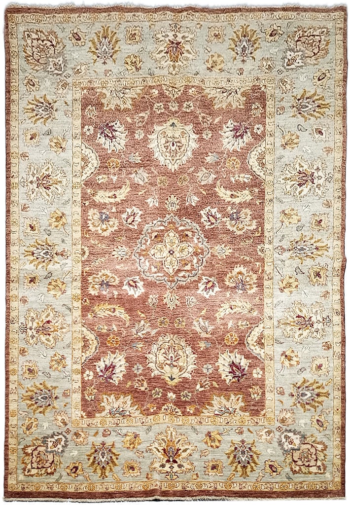 5.7 x 8 Hand-Knotted Vegetable Dyed Chobi Rug from India: 5.7 x 8 Hand-Knotted Vegetable Dyed Chobi Rug from India Free continental US Shipping Elevate your living space with the 5.7 x 8 Vegetable Dyed Chobi Rug, a stunning handmade piece that beautifully fu