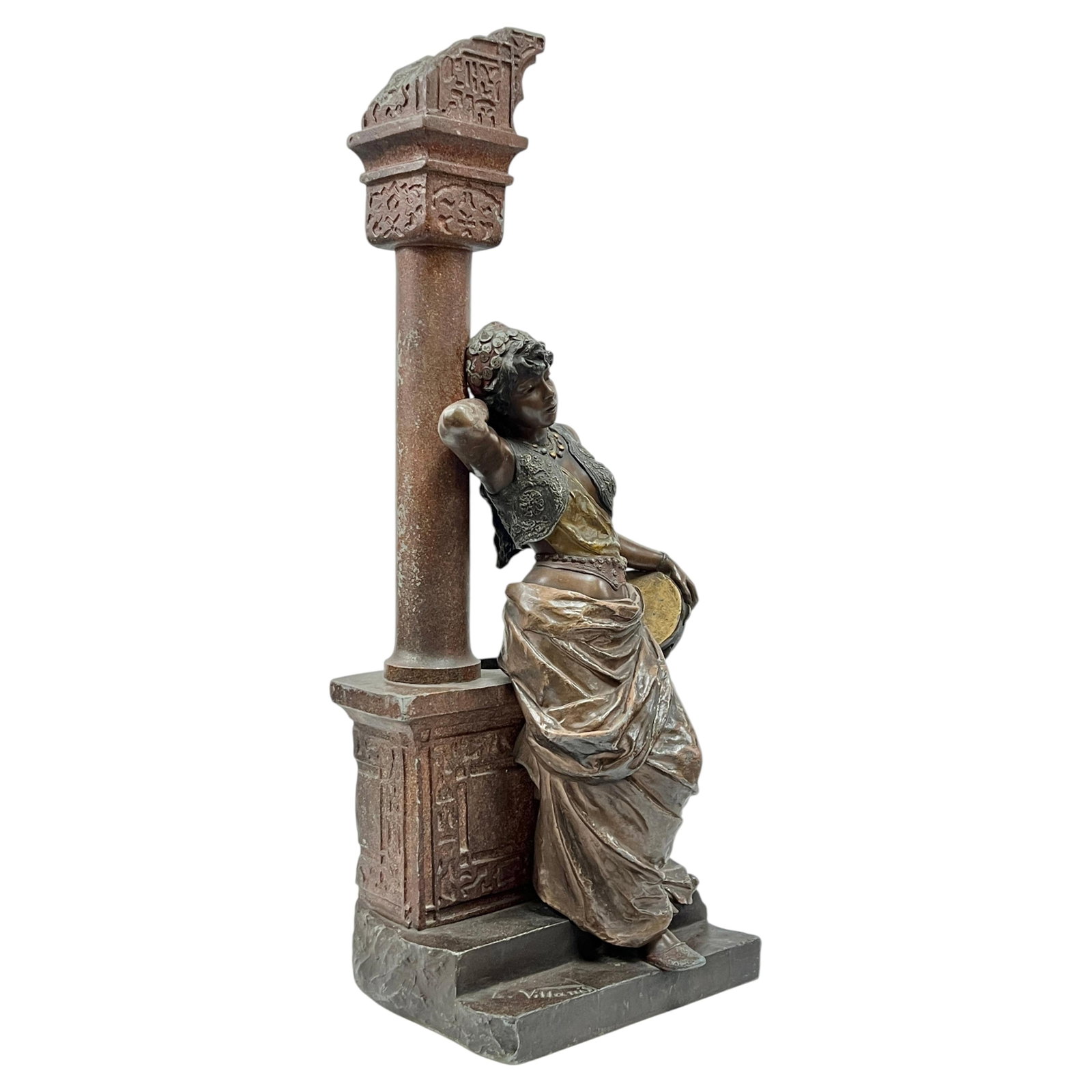 After Villanis Orientalist Spelter Figure L Otage a la Colonne 38 in: After Villanis Orientalist Spelter Figure L Otage a la Colonne 38 in Large late 19th century Orientalist cold-painted metal sculpture after the original model by Emmanuel Villanis, depicting an Arabia