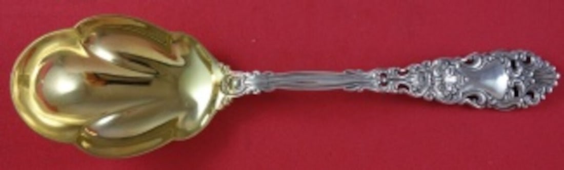 Dominick & Haff Renaissance Sterling Silver Preserve Spoon Gold Wash 7 1/4in: Dominick & Haff Renaissance Sterling Silver Preserve Spoon Gold Wash 7 1/4in This exquisite Renaissance preserve spoon by Dominick and Haff is crafted from sterling silver and features a beautiful gol