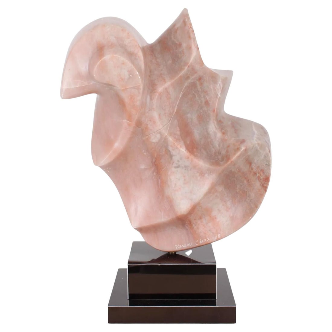 Hand-Carved Pink Alabaster Abstract Sculpture Signed by Karen Chera 1988: Hand-Carved Pink Alabaster Abstract Sculpture Signed by Karen Chera 1988 This abstract sculpture is crafted from hand-carved pink alabaster and is signed and dated 1988 by artist Karen Chera. The piec