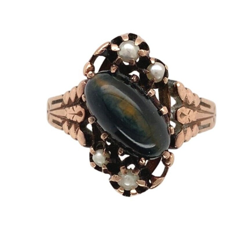 Victorian Era 10k Rose Gold Ring with Tiger's Eye and Pearl Accents Size 6.25 (1 of 10)