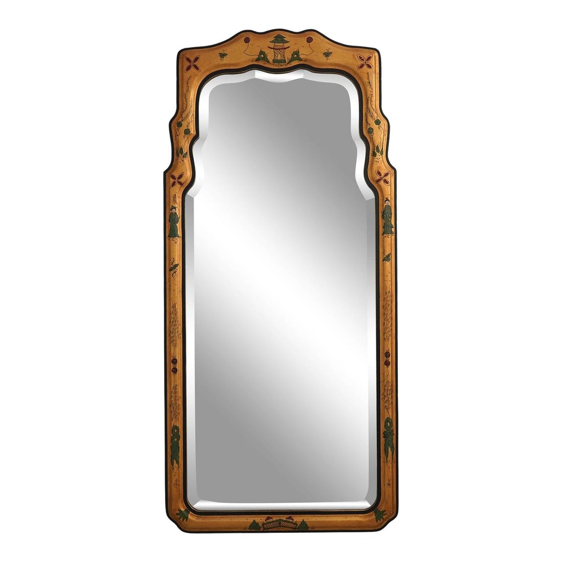 Hand Painted Chinoiserie Wall Mirror by Friedman Brothers 24w x 52h: Hand Painted Chinoiserie Wall Mirror by Friedman Brothers 24w x 52h Black and gold chinoiserie mirror by Friedman Brothers featuring beveled glass, hand-painted decoration, and a high-quality original