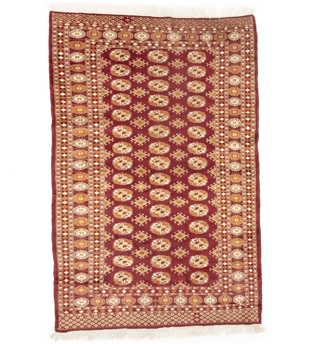 Hand-Knotted Wool Tribal Area Rug 4'1 x 6'2 Vintage Oriental Style: Hand-Knotted Wool Tribal Area Rug 4'1 x 6'2 Vintage Oriental Style This is a handmade vintage Oriental area rug featuring a tribal geometric design in red, orange, cream, and other hues. Crafted from 