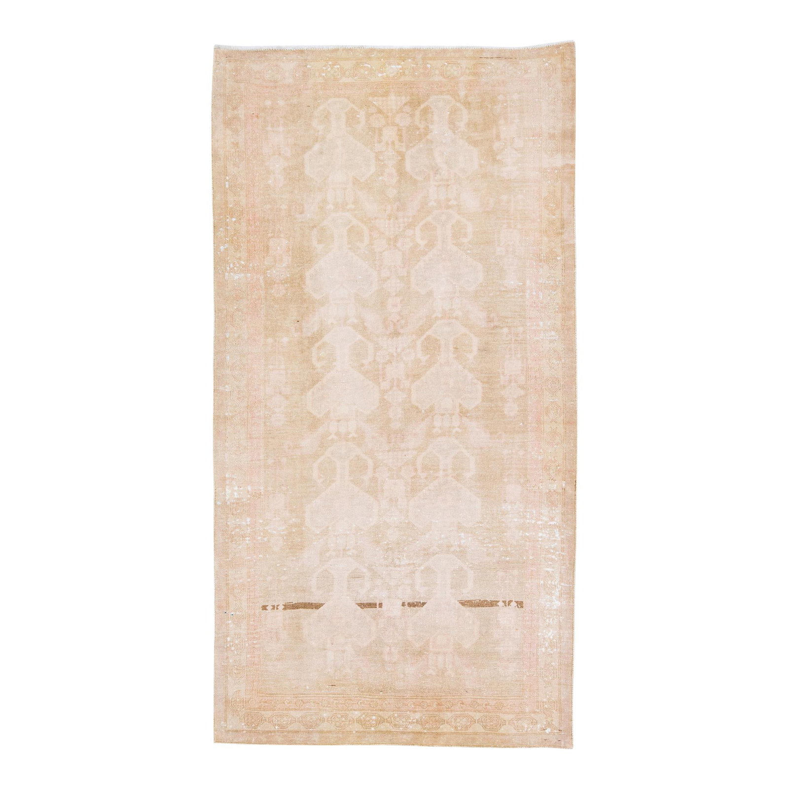 Vintage Persian Hand-Knotted Wool Rug 4'5 x 8'6 Geometric Design: Vintage Persian Hand-Knotted Wool Rug 4'5 x 8'6 Geometric Design Elevate your space with this exquisite vintage Persian rug, handcrafted with meticulous attention to detail. Featuring a warm brown fie