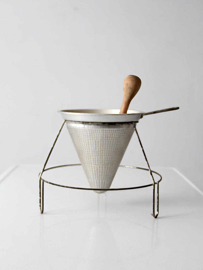 Vintage Metal Funnel Strainer with Stand and Wooden Pestle (1 of 13)