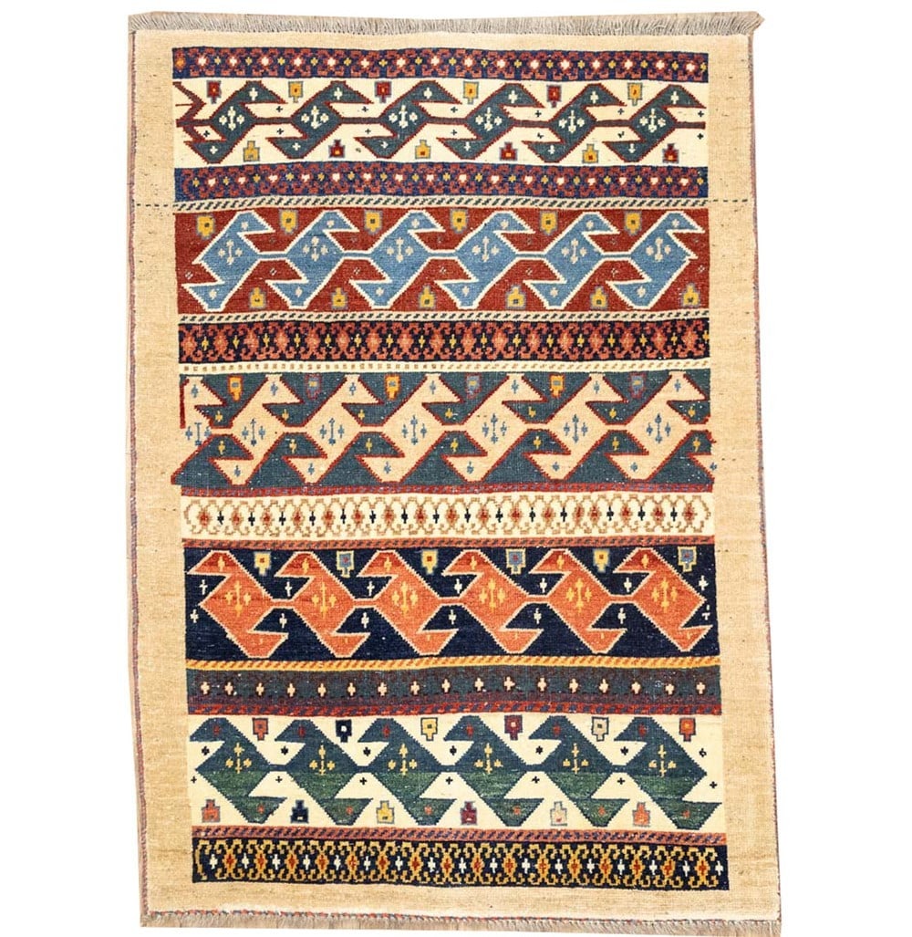Hand Knotted Wool Area Rug Tribal Striped Oriental Carpet 3'5x4'0: Hand Knotted Wool Area Rug Tribal Striped Oriental Carpet 3'5x4'0 Vintage hand-knotted wool area rug with a tribal striped design and multicolored palette. This pre-owned rectangular rug is handmade a