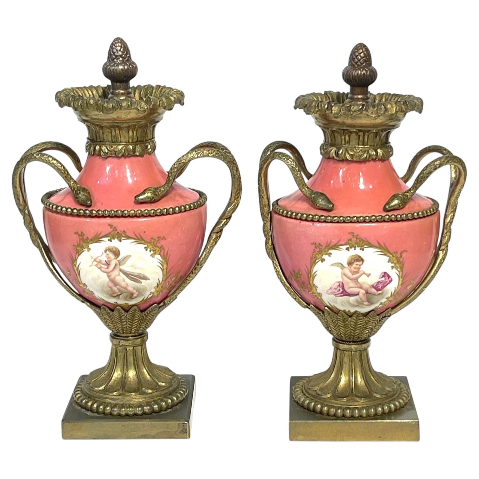 Set of 2 French Sevres Style Louis XVI Cabinet Vases: Set of 2 French Sevres Style Louis XVI Cabinet Vases This is a pair of French Louis XVI style Sevres rose Pompadour cabinet vases from the late 19th century, crafted circa 1880. Each vase features a h