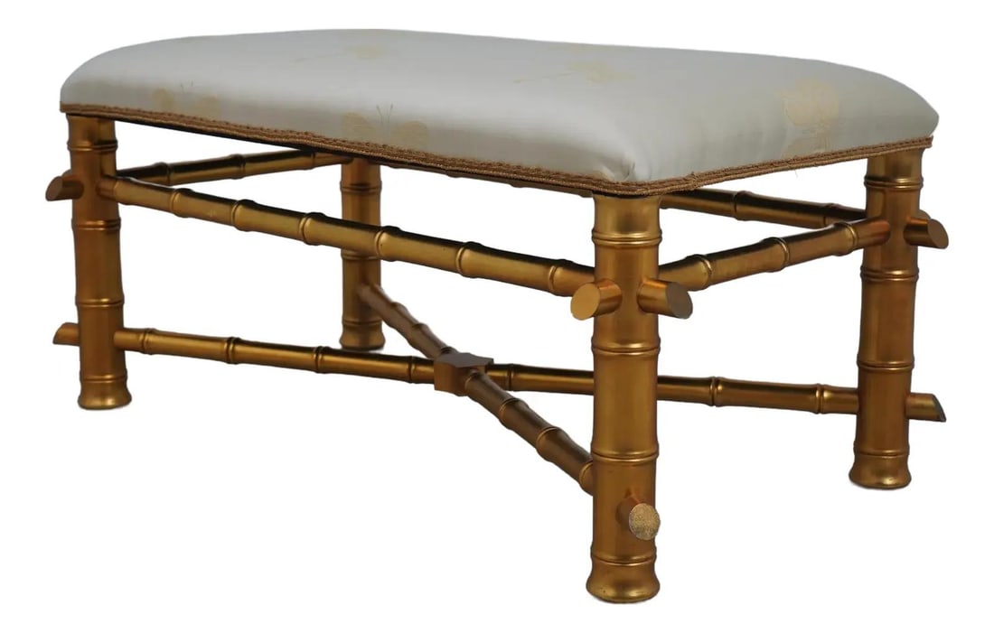 Gold Bamboo Form Bench with New Upholstery Quality Construction: Gold Bamboo Form Bench with New Upholstery Quality Construction This beautifully crafted bench features a striking bamboo form design with a luxurious gold finish, adding a touch of elegance to any sp