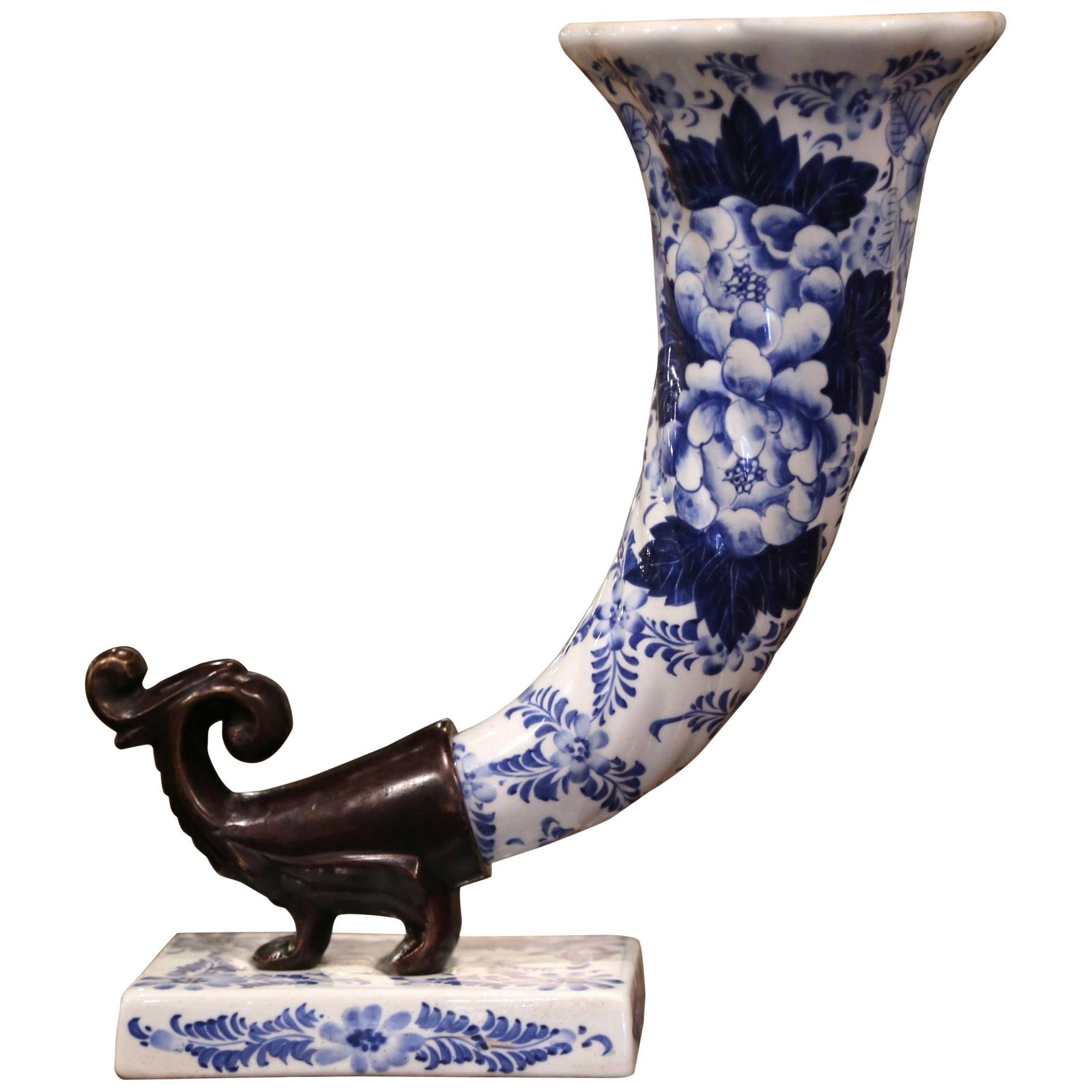 Vintage French Delft-Style Bronze and Ceramic Cornucopia Vase circa 1980 (1 of 7)
