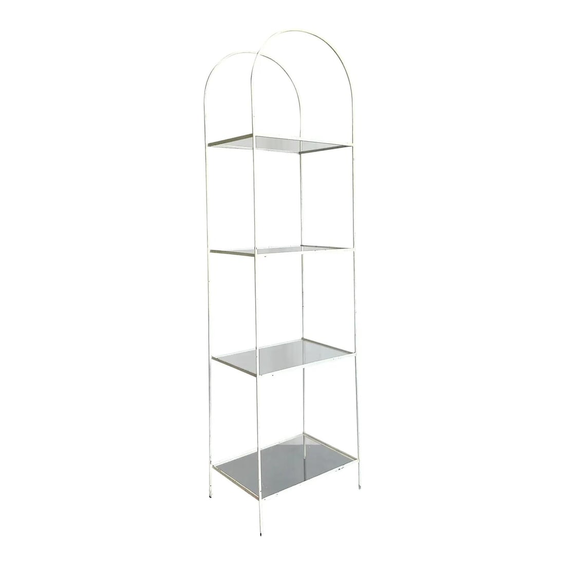 Arched Iron Etagere With Mirrored Glass Shelves Hollywood Regency Style: Arched Iron Etagere With Mirrored Glass Shelves Hollywood Regency Style This vintage Regency etagere features a dramatic arched iron frame and four tiers of mirrored glass shelves, offering both archi