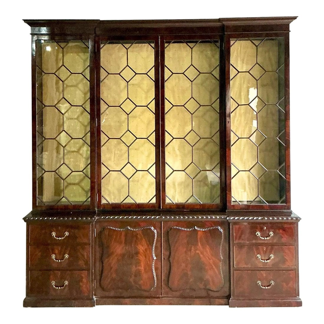 Regency Style Mahogany Breakfront Cabinet Inspired by George III: Regency Style Mahogany Breakfront Cabinet Inspired by George III This vintage Regency style breakfront is inspired by George III period furniture and expertly crafted with flame mahogany veneers that 