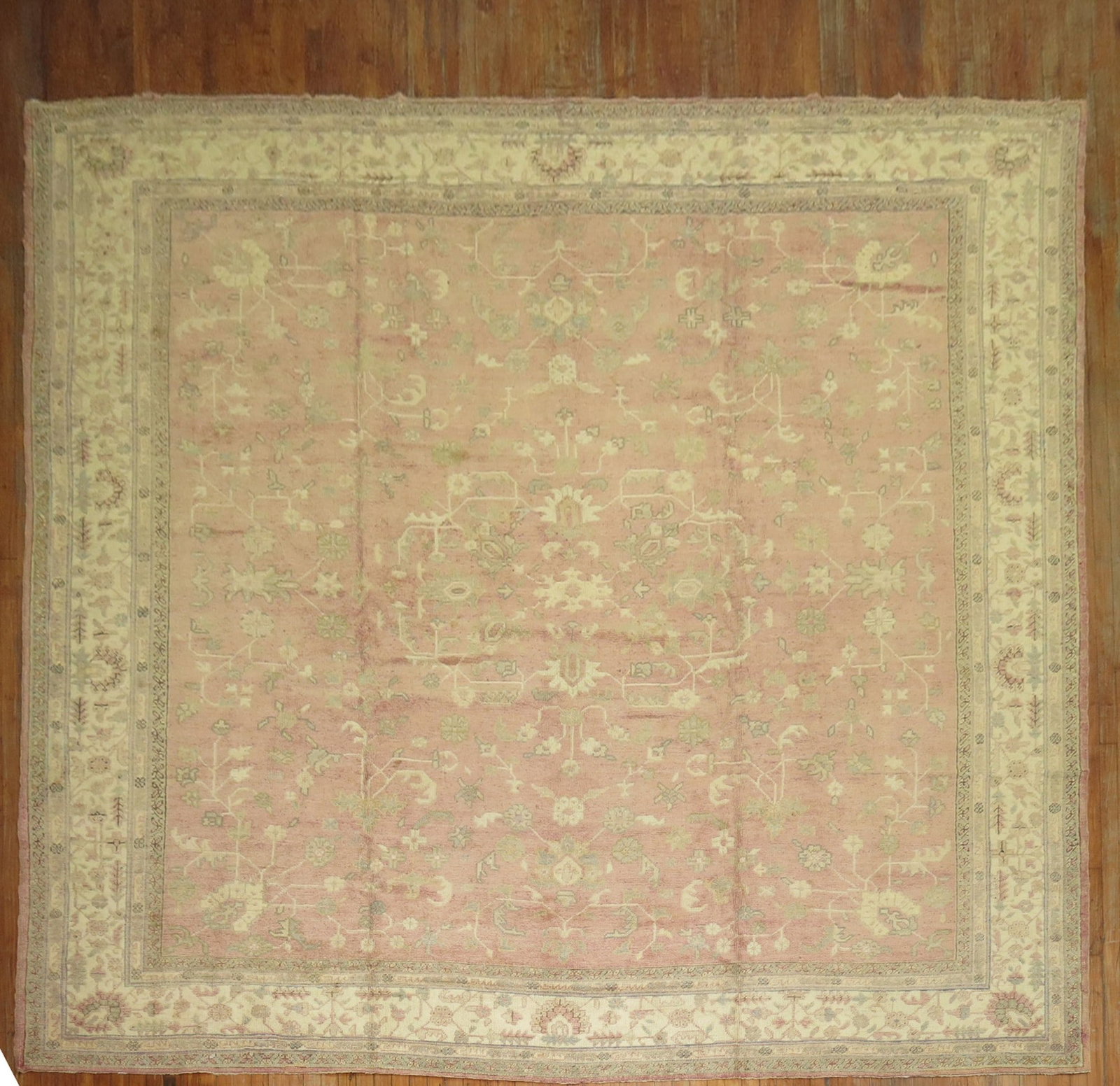 11' 10" x 12' 5" Square Turkish Oushak Rug in Pink: 11' 10" x 12' 5" Square Turkish Oushak Rug in Pink Early 20th century Turkish Oushak square rug in a soft pink color. This pre-owned room-size rug features the classic Oushak style in a square format.