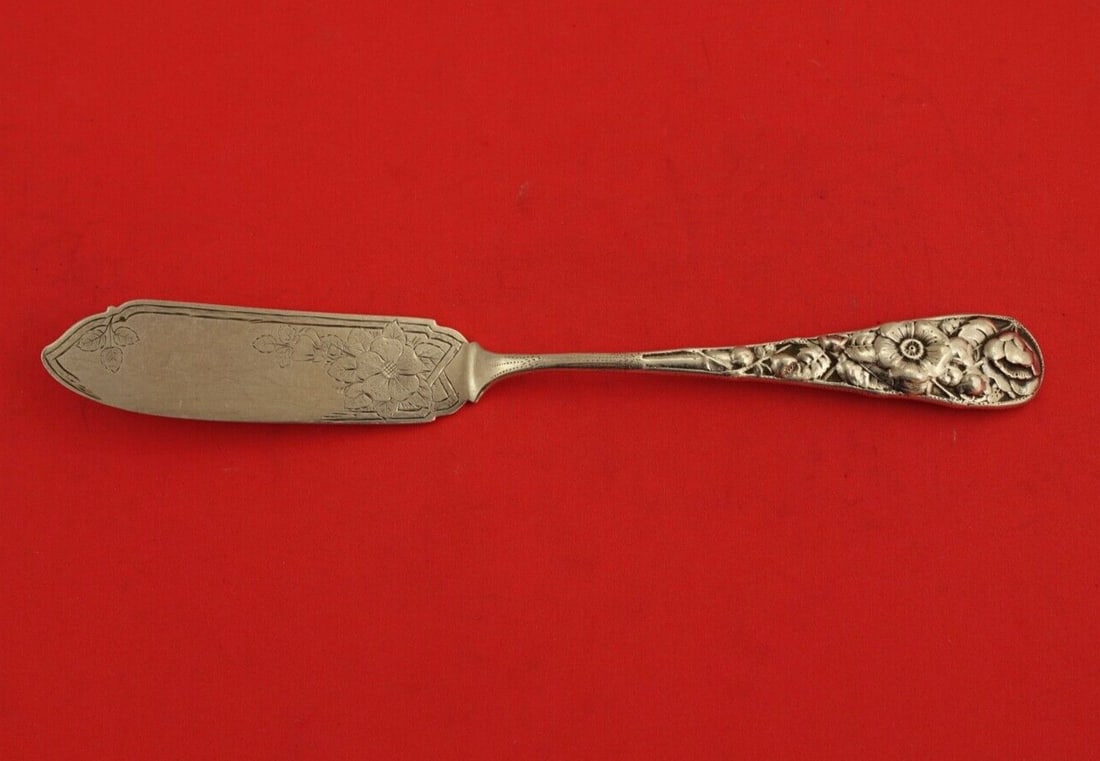 Gorham Eglantine Sterling Silver Master Butter Knife 8 inch Acid Etched Floral Design: Gorham Eglantine Sterling Silver Master Butter Knife 8 inch Acid Etched Floral Design This exquisite master butter knife features a flat handle crafted from high-quality sterling silver, designed in t