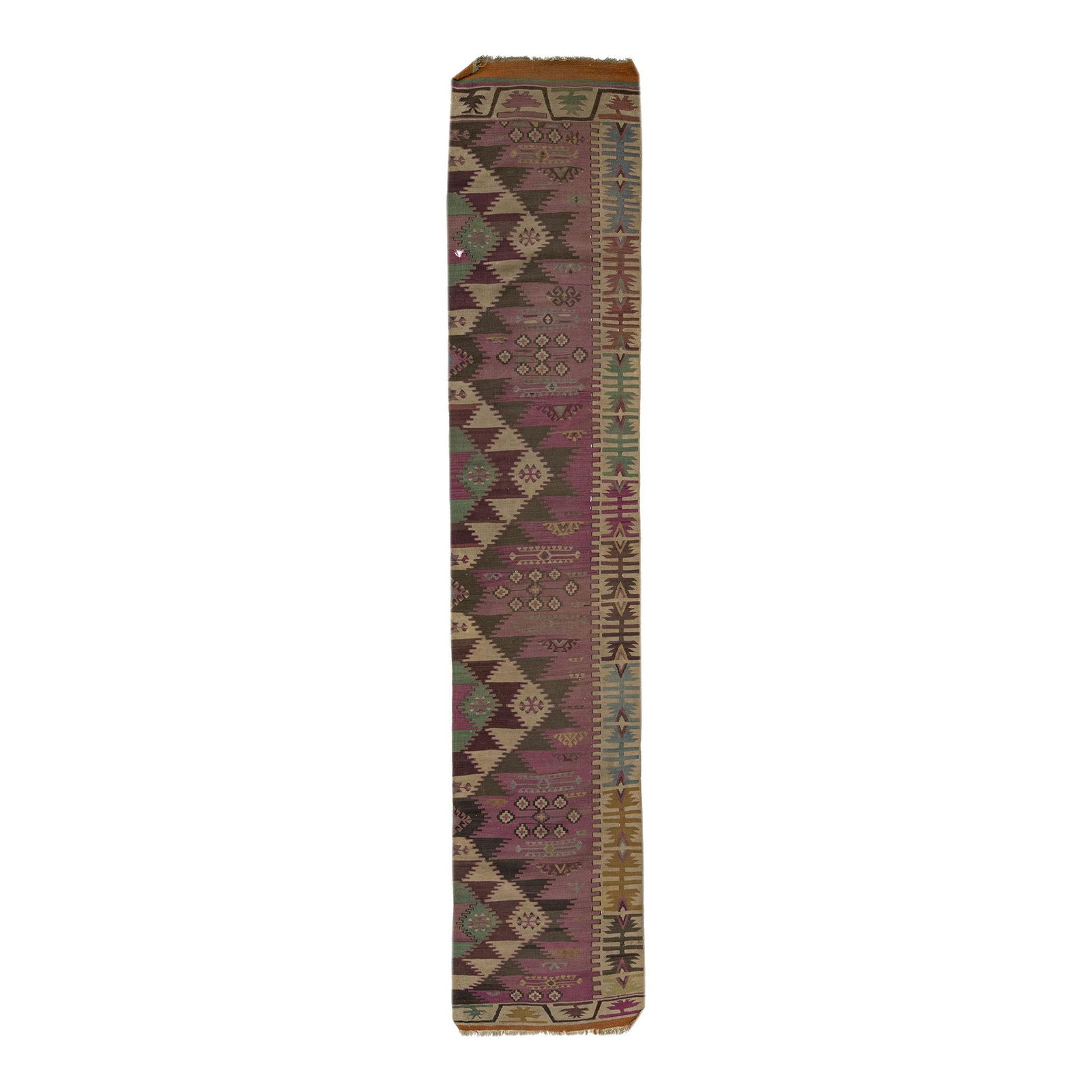 Vintage Kilim Hand-Knotted Wool Runner Light Blue Medallion 2'5" x 11'10": Vintage Kilim Hand-Knotted Wool Runner Light Blue Medallion 2'5" x 11'10" This stunning vintage Kilim runner showcases a hand-knotted design crafted from high-quality wool. Featuring a serene light bl