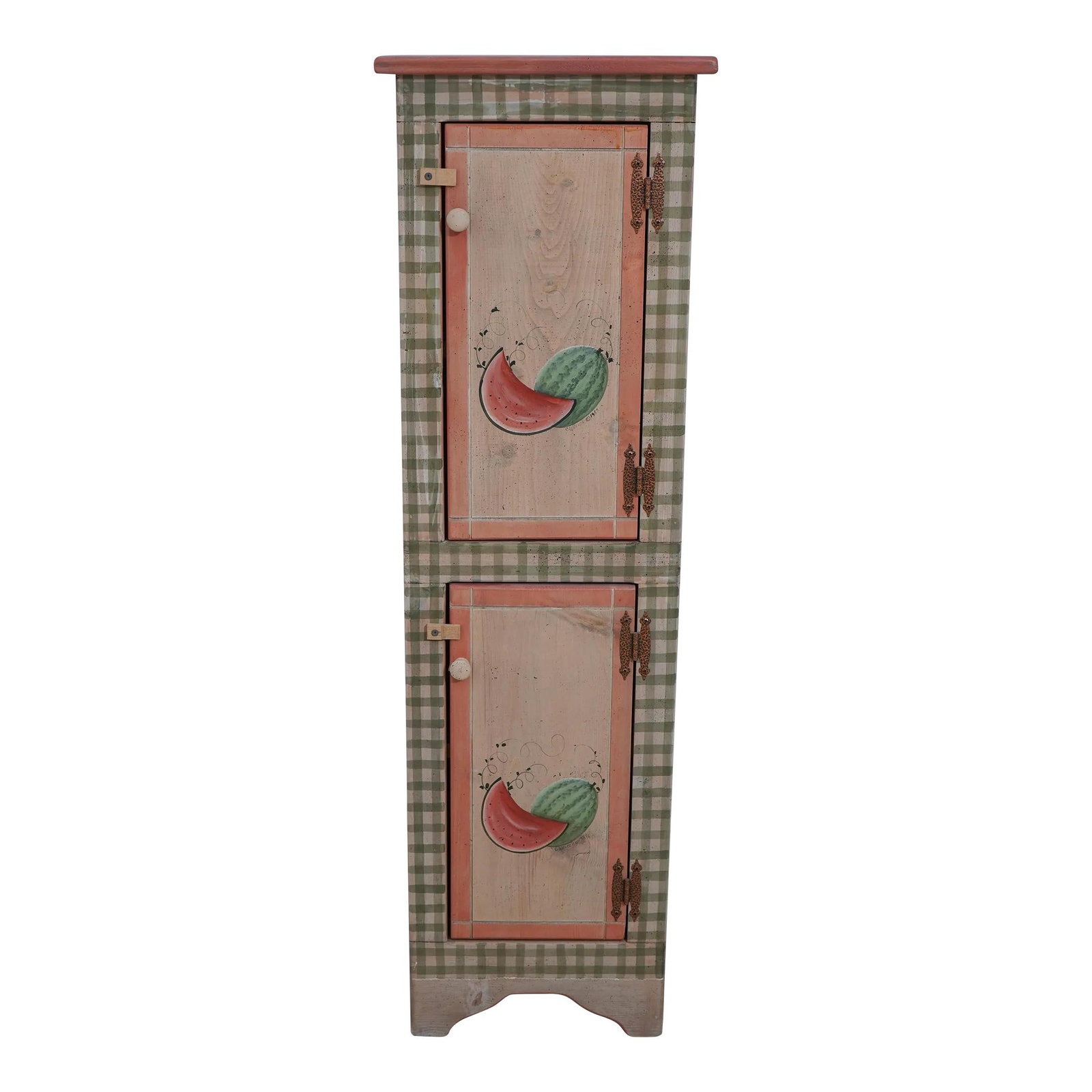 Artist Signed Country Style Hand Painted 2 Door Cabinet Green Wood (1 of 10)