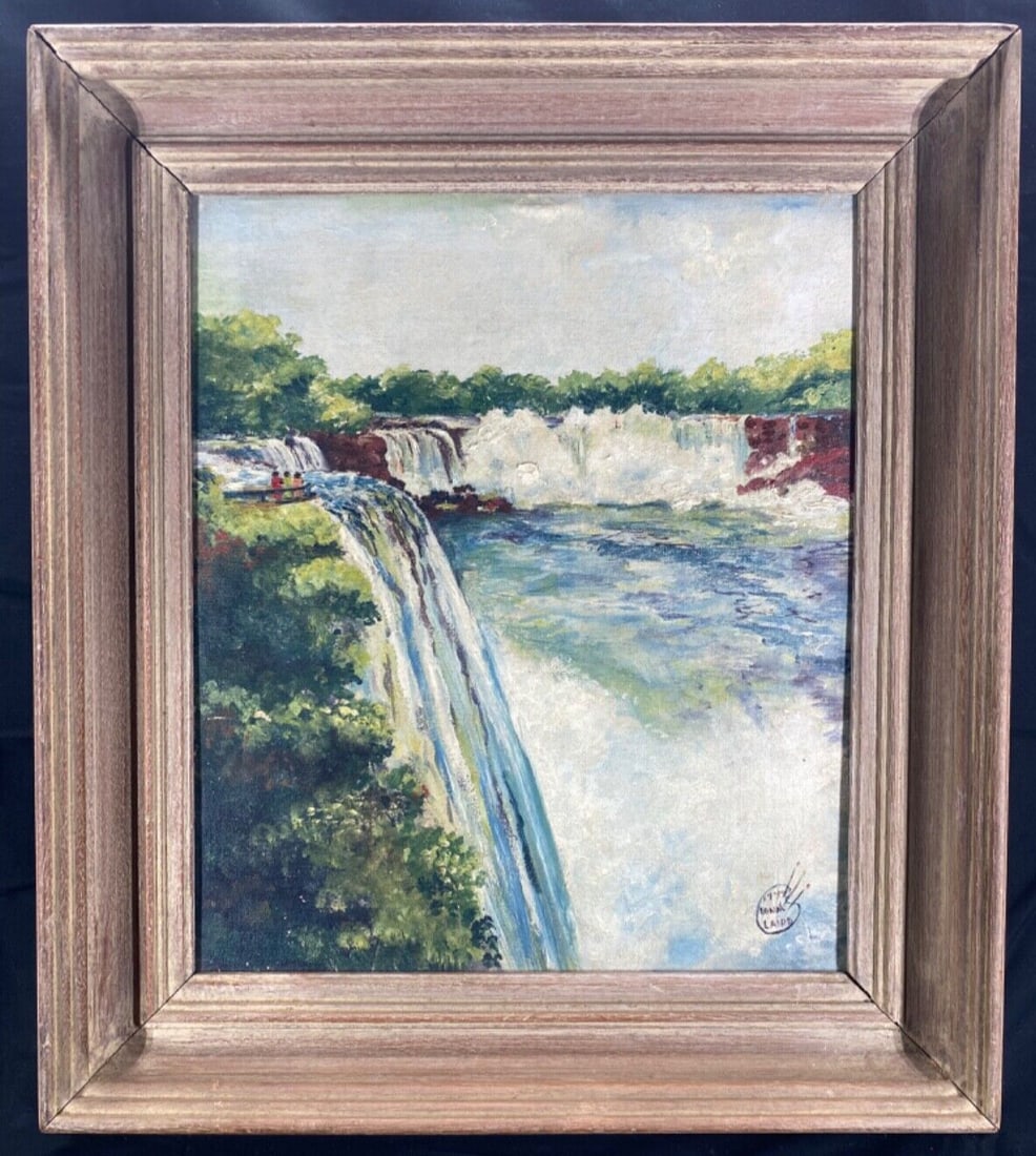 Edna Laird Niagara Falls Landscape Oil Painting on Artist Board: Edna Laird Niagara Falls Landscape Oil Painting on Artist Board Vintage oil painting depicting Niagara Falls, signed Edna Laird. This landscape scene is painted on artist board and shows tourists alon