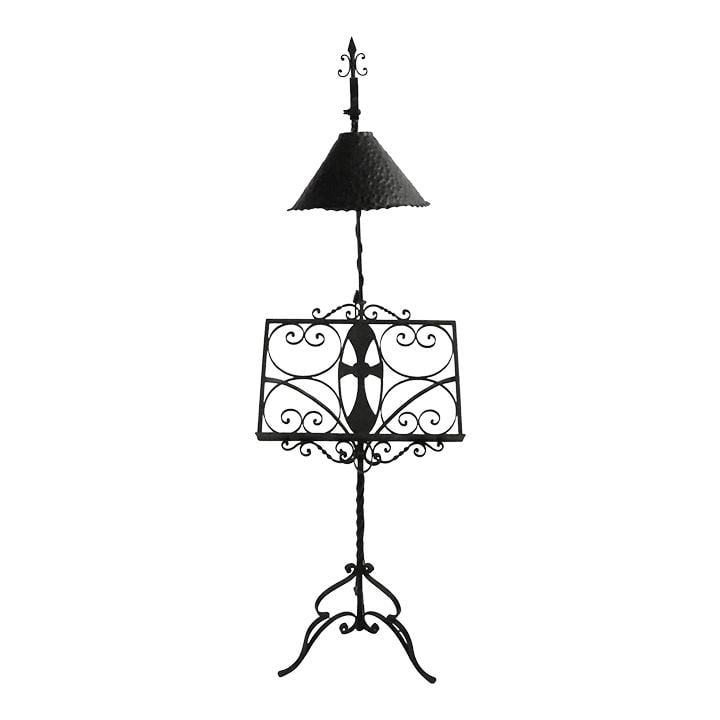 Gothic Wrought Iron Lectern with Adjustable Light and Cross Design: Gothic Wrought Iron Lectern with Adjustable Light and Cross Design This Gothic Arts & Crafts styled lectern is crafted from durable wrought iron and features an ornate open work book rest embellished 