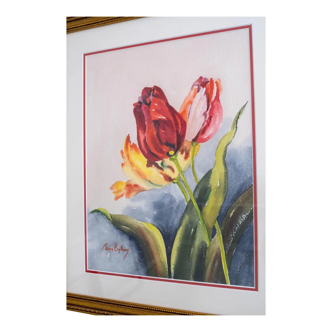 Jane Bellows Signed Framed Watercolor Tulips Art 40 Years Old: Jane Bellows Signed Framed Watercolor Tulips Art 40 Years Old This exquisite framed watercolor painting features a vibrant spring bouquet of red, yellow, and pink tulips, beautifully capturing the ess