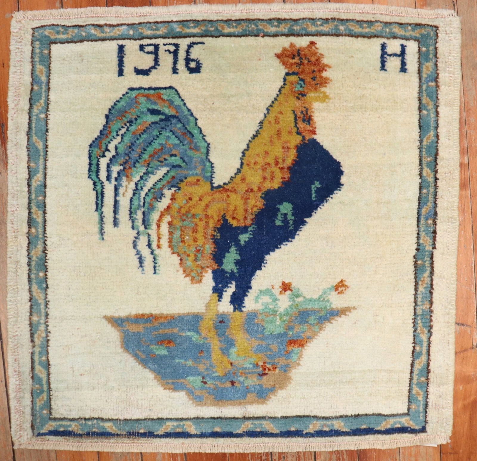 Vintage Konya pictorial rooster rug 1' 10" x 2' dated 1976 (1 of 3)