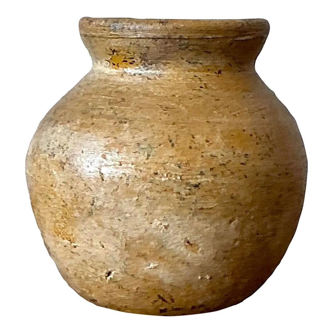 Handcrafted Vintage Studio Pottery Vase with Earthy Textured Finish: Handcrafted Vintage Studio Pottery Vase with Earthy Textured Finish This vintage studio pottery vase features a globular silhouette with a gently flared neck and a textured, mottled finish in warm san