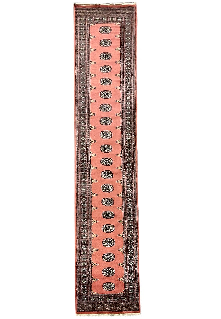 Handmade 14 Feet Bokhara Runner in Rose Salmon: Handmade 14 Feet Bokhara Runner in Rose Salmon Free continental US Shipping Enhance your space with this exquisite 14-foot long runner, showcasing a classic handmade Bokhara design in a beautiful rose