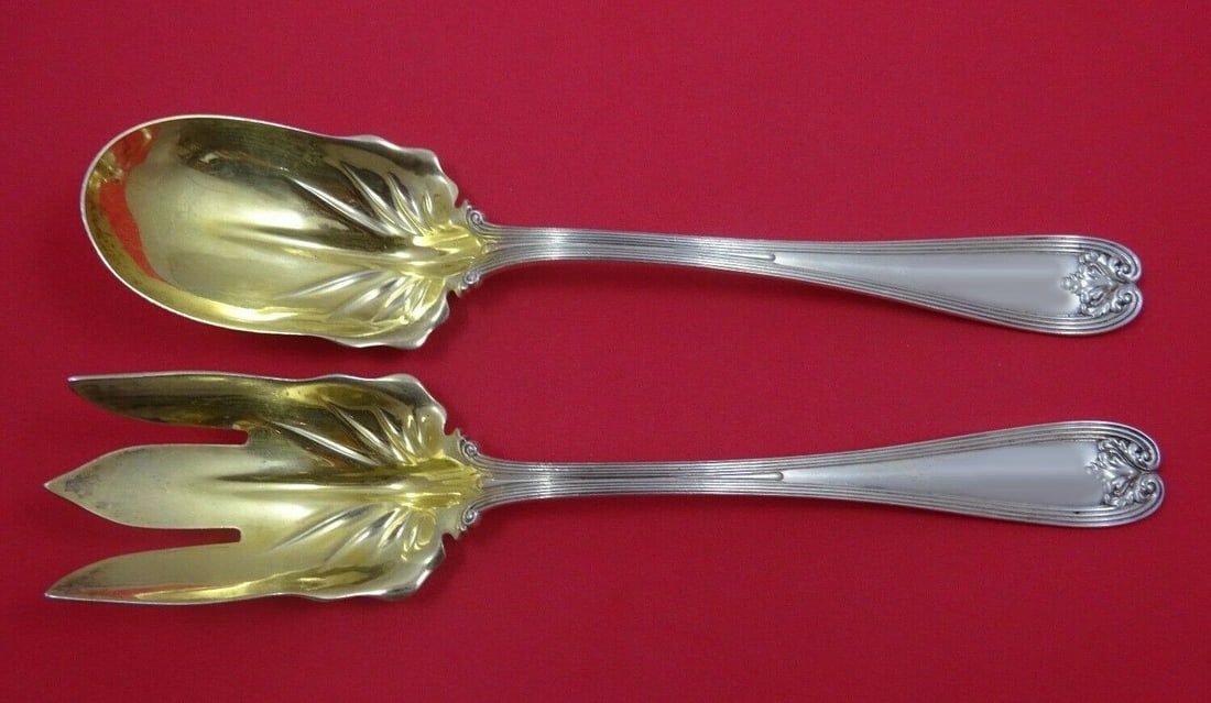 Tiffany & Co Colonial Sterling Silver Salad Serving Set 2pc Gold Wash 9 3/4": Tiffany & Co Colonial Sterling Silver Salad Serving Set 2pc Gold Wash 9 3/4" This exquisite 2-piece salad serving set, crafted by Tiffany & Co. in the elegant Colonial pattern, showcases the timeless 