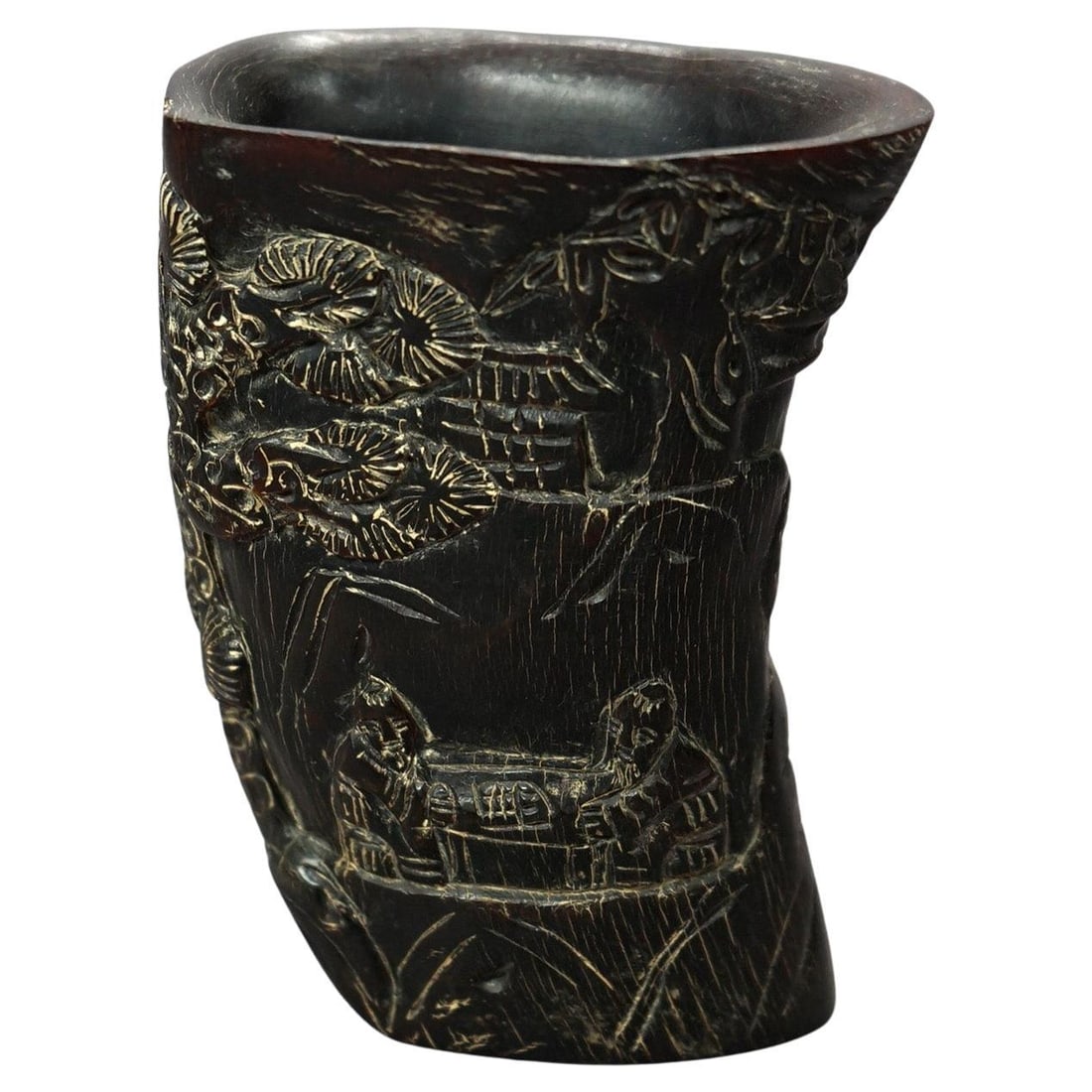 20th Century Asian Hardwood Libation Cup with Chess Scene Carving (1 of 7)