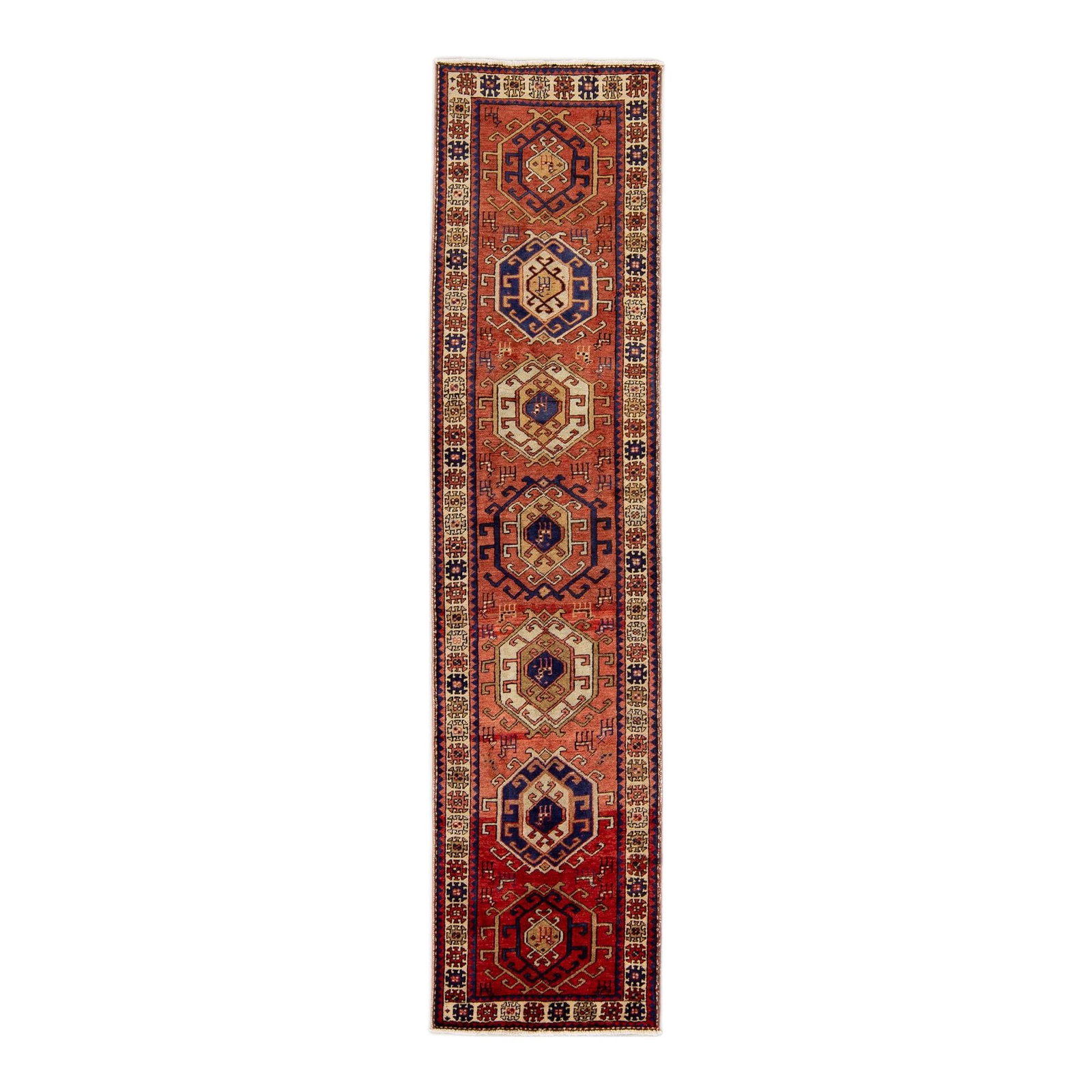 Antique Heriz Handmade Wool Runner 2'10 x 12'5 Rust Vintage Rug: Antique Heriz Handmade Wool Runner 2'10 x 12'5 Rust Vintage Rug Introducing a stunning Vintage Heriz Handmade Wool Runner, featuring a captivating all-over rust field complemented by vibrant multi-col