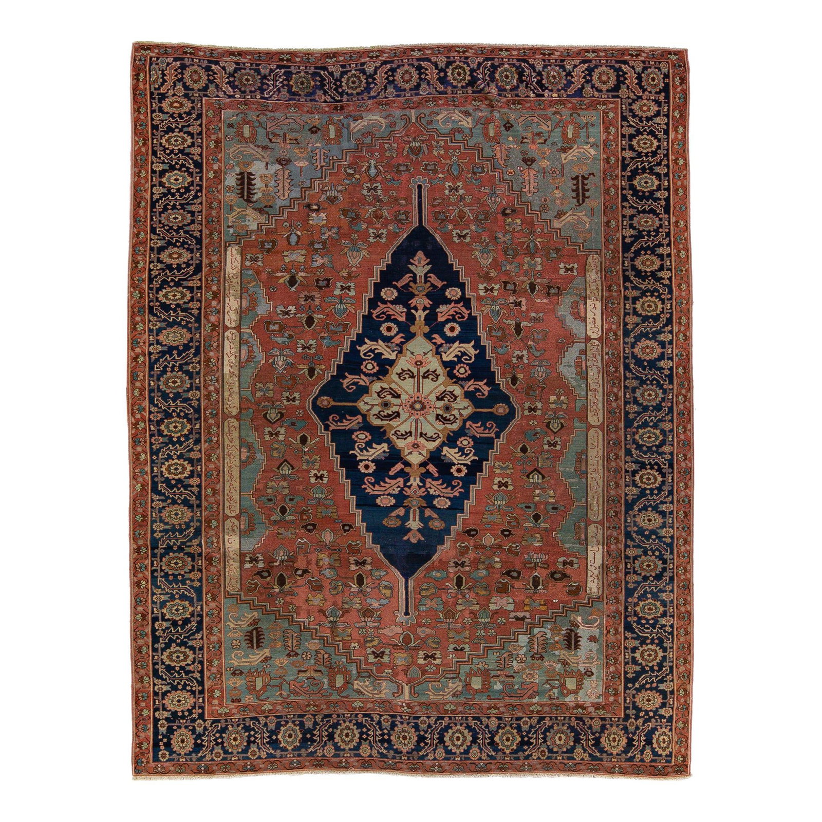 Antique 1880s Persian Serapi Wool Medallion Rug 10'8 x 13: Antique 1880s Persian Serapi Wool Medallion Rug 10'8 x 13 This exquisite Antique Persian Serapi rug, crafted in the 1880s, features a rich rusted field complemented by a navy-blue frame and vibrant mu