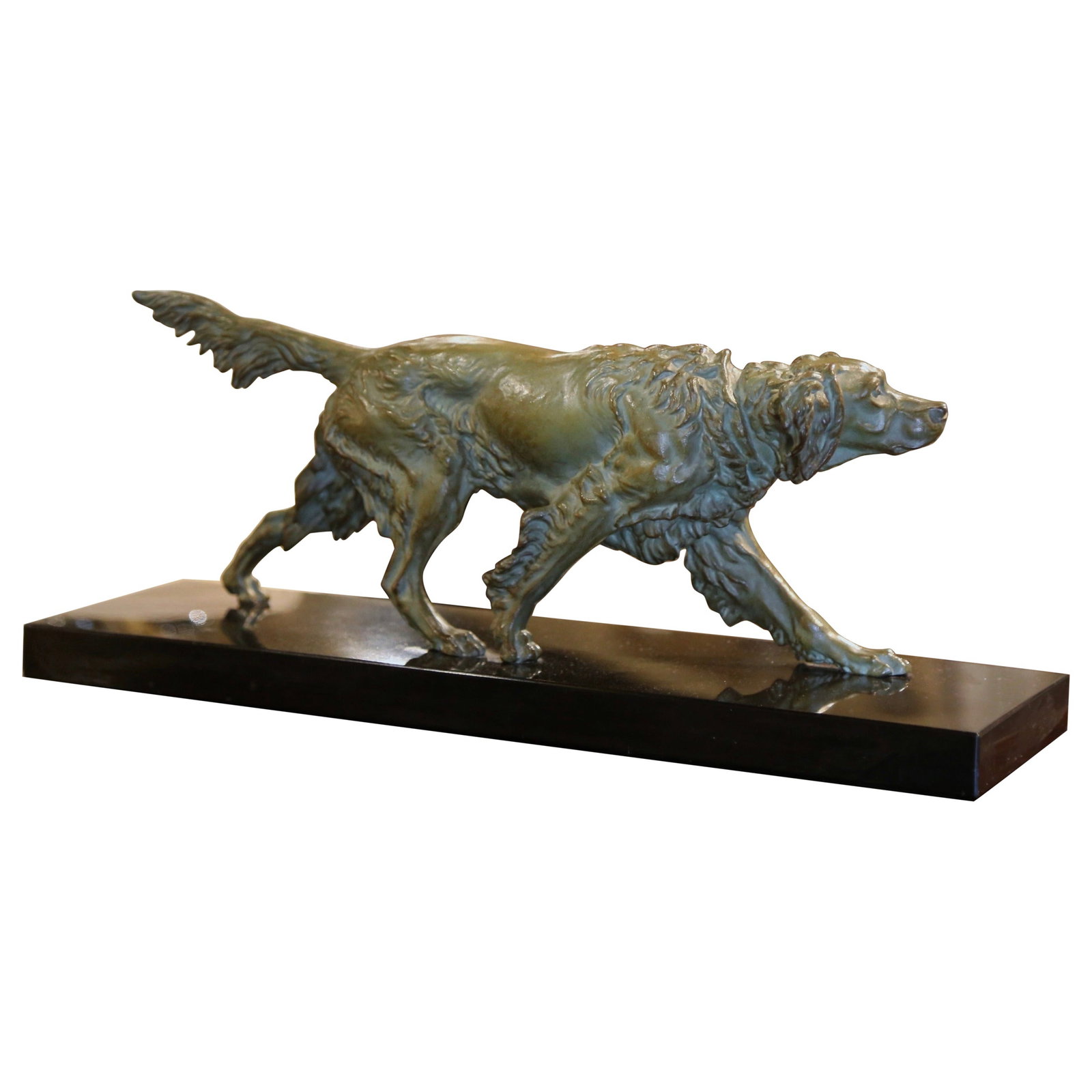 19th Century French Verdigris Spelter Pointer Dog Sculpture on Marble Base: 19th Century French Verdigris Spelter Pointer Dog Sculpture on Marble Base This exquisite 19th Century French sculpture features a verdigris spelter pointer dog set on a sleek black marble base. Craft