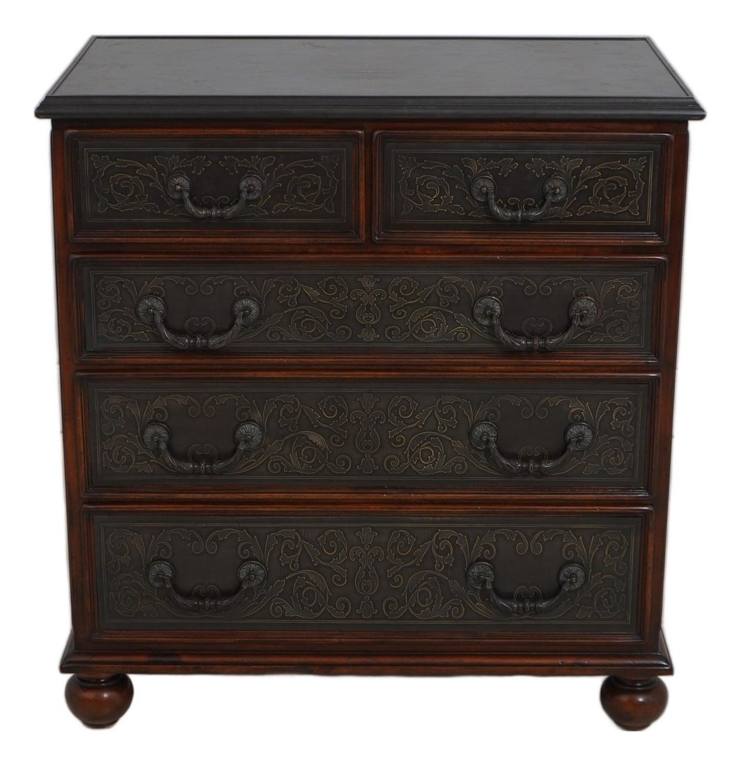 Theodore Alexander mahogany chest with embossed metal and walnut bun feet: Theodore Alexander mahogany chest with embossed metal and walnut bun feet Theodore Alexander embossed metal chest with a traditional design, featuring a mahogany case, walnut bun feet, dovetailed draw