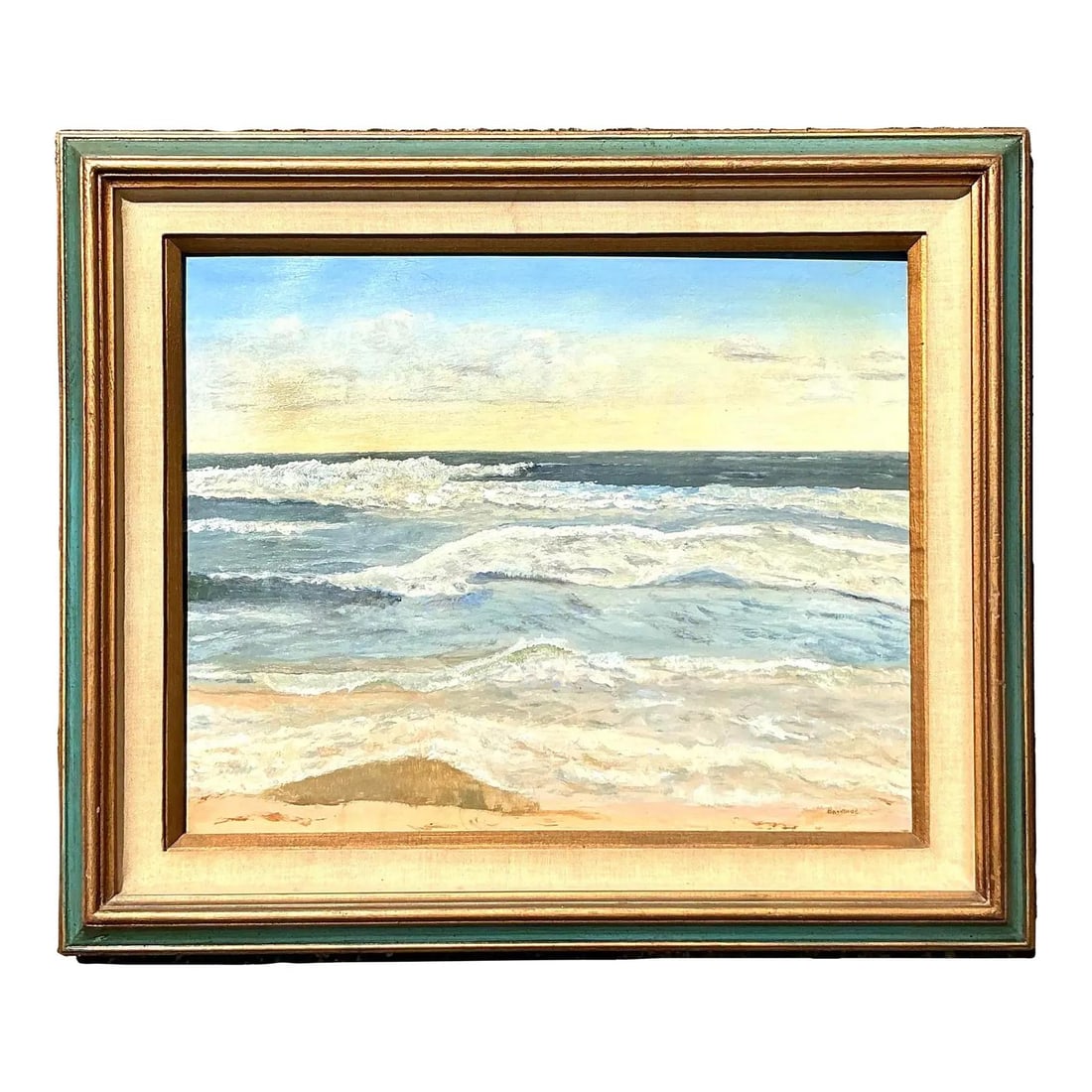 Vintage Coastal Seascape Oil Painting on Canvas: Vintage Coastal Seascape Oil Painting on Canvas Transform your living space into a serene coastal retreat with this vintage original seascape, hand-painted in oil on canvas. Featuring a soft blend of 