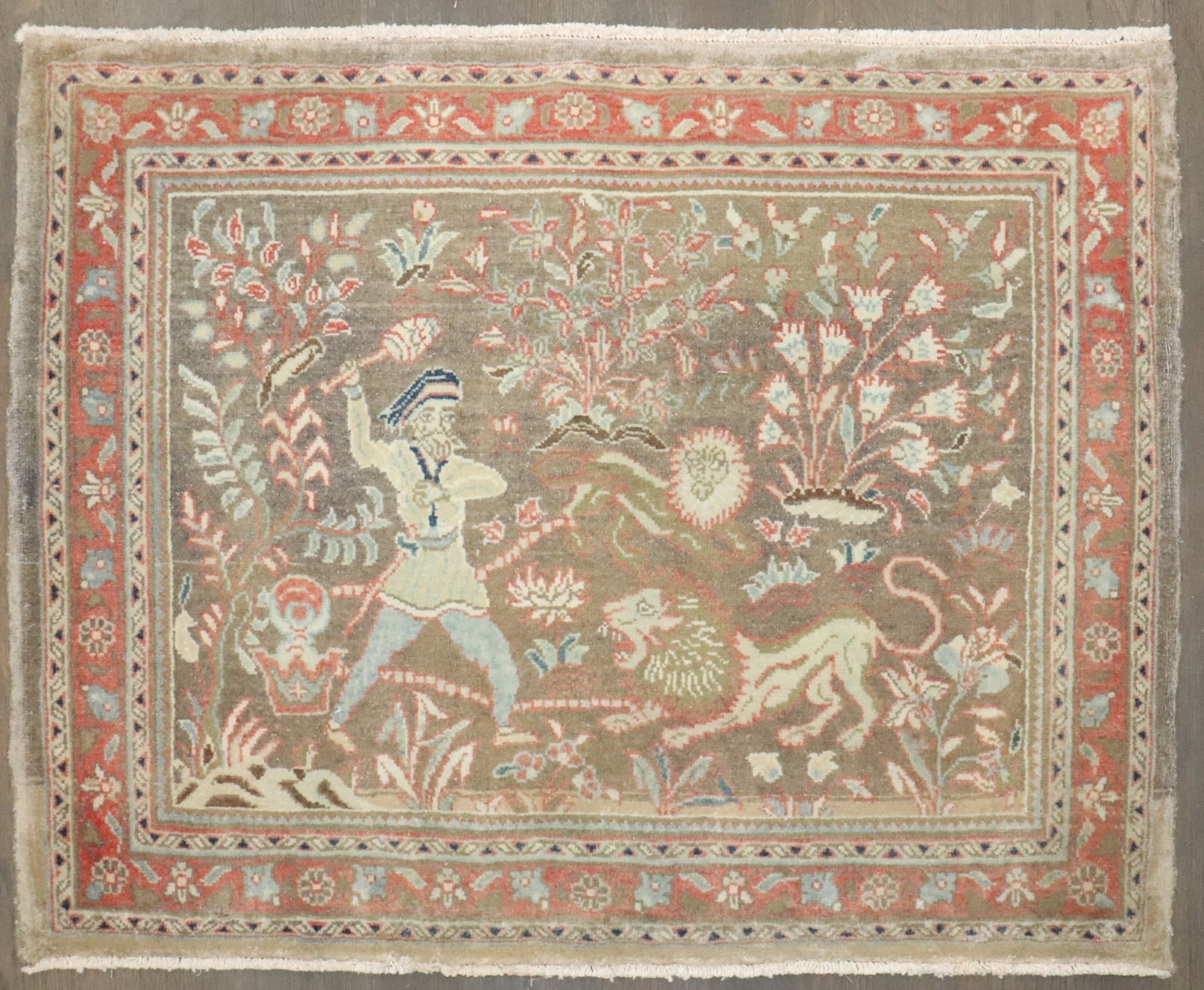 2' x 2' 9" Vintage Persian Kashan Hunting Scene Rug: 2' x 2' 9" Vintage Persian Kashan Hunting Scene Rug Vintage Persian Kashan rug depicting a hunting scene. This pre-owned piece is classified as a small yastik and is listed in pairs category. Specific