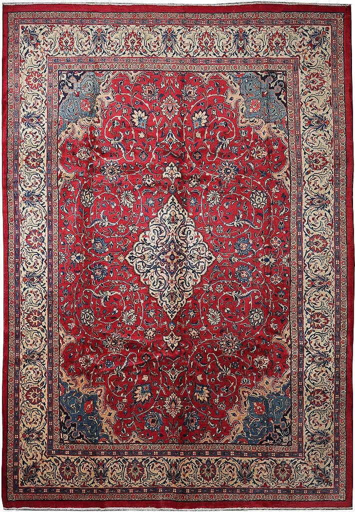 Persian Sarouk Hand-Knotted Wool Rug 114 x 162 in Red Floral 1980s Iran: Persian Sarouk Hand-Knotted Wool Rug 114 x 162 in Red Floral 1980s Iran Free continental US Shipping This Persian Sarouk area rug, hand-knotted in Iran during the 1980s, features a dense and durable w