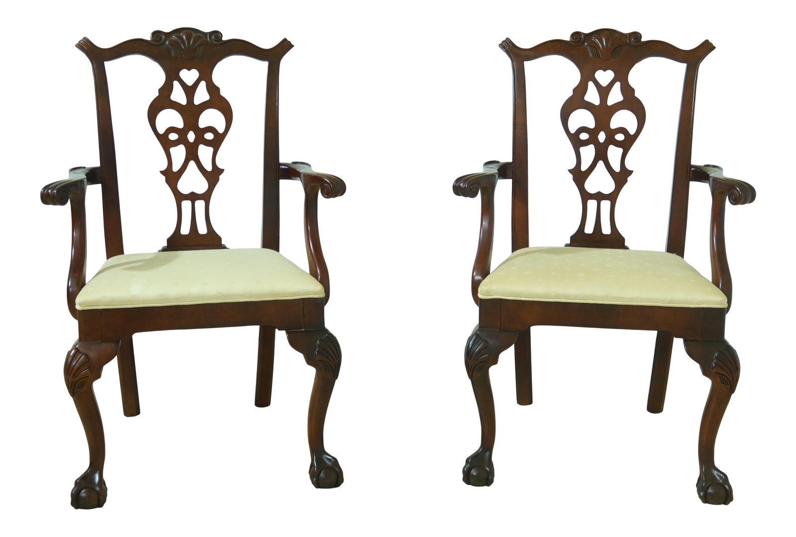 Elegant Pair of Chippendale Mahogany Armchairs with Clawfoot Design: Elegant Pair of Chippendale Mahogany Armchairs with Clawfoot Design This exquisite pair of Chippendale-style armchairs showcases the timeless elegance of classic design, featuring distinctive ball and