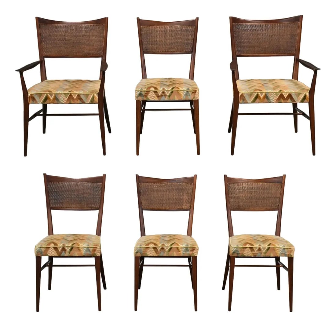 Mid Century Modern Mahogany Dining Chairs by Paul McCobb Set of 6: Mid Century Modern Mahogany Dining Chairs by Paul McCobb Set of 6 This exquisite set of six mid-century modern dining chairs, designed by Paul McCobb for Calvin, showcases a stunning solid mahogany co