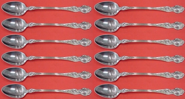 12 Sterling Silver Iced Tea Spoons Wallace Violet Pattern 7": 12 Sterling Silver Iced Tea Spoons Wallace Violet Pattern 7" This is a 12-piece sterling silver iced tea spoon set in the Violet pattern by Wallace. The spoons measure 7 inches and are not monogrammed