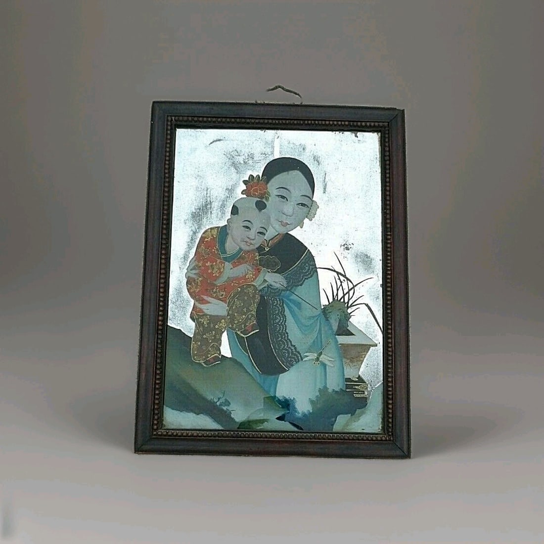 Chinese Export Reverse Painted Glass Portrait Mother Child With Dragonfly (1 of 9)