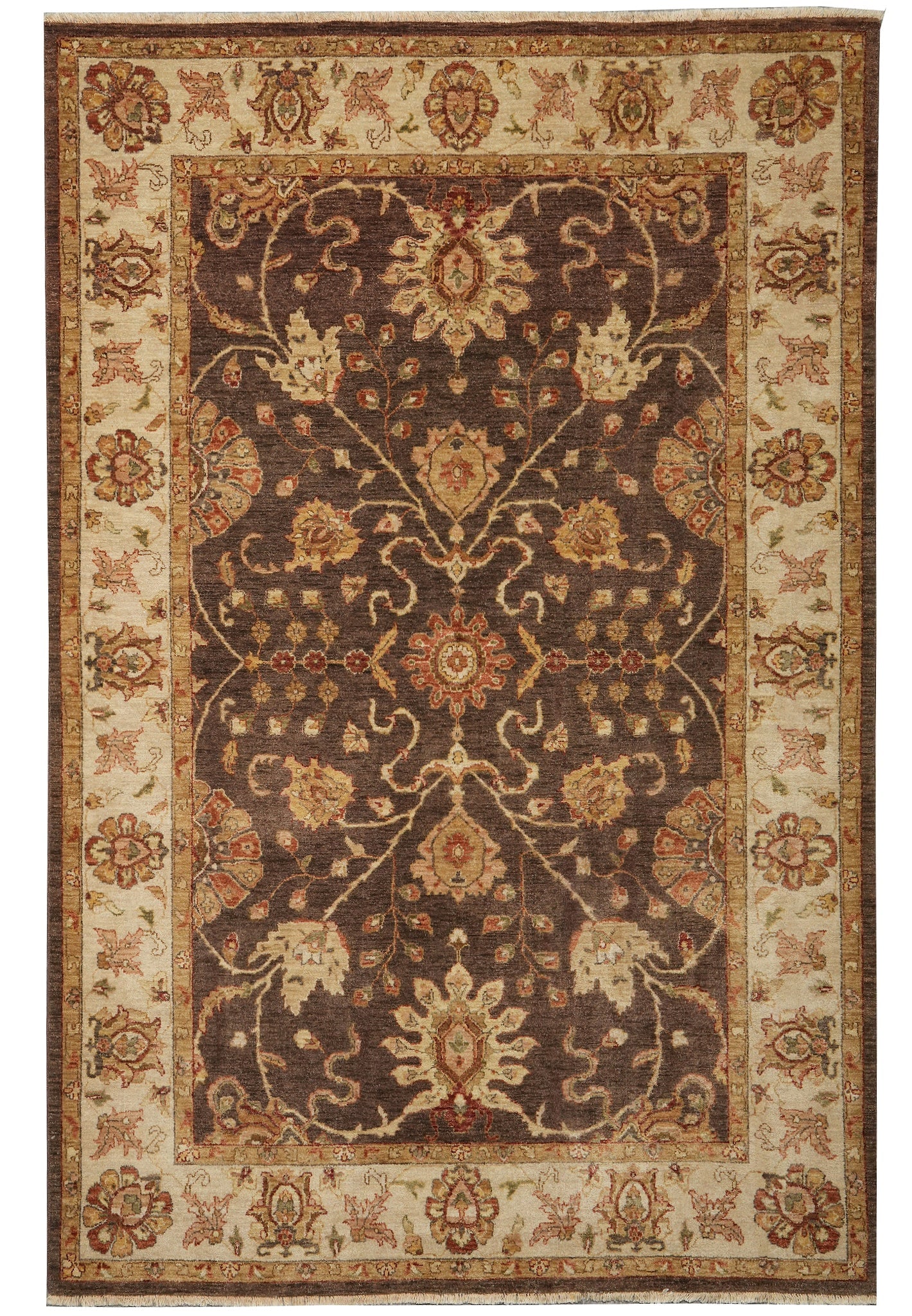 6 x 9 Brown Natural Wool Chobi Peshawar Ziglar Rug: 6 x 9 Brown Natural Wool Chobi Peshawar Ziglar Rug Free continental US Shipping A brown natural wool Chobi Peshawar Ziglar rug in a 6 x 9 size, featuring a decorative floral pattern. The item is liste