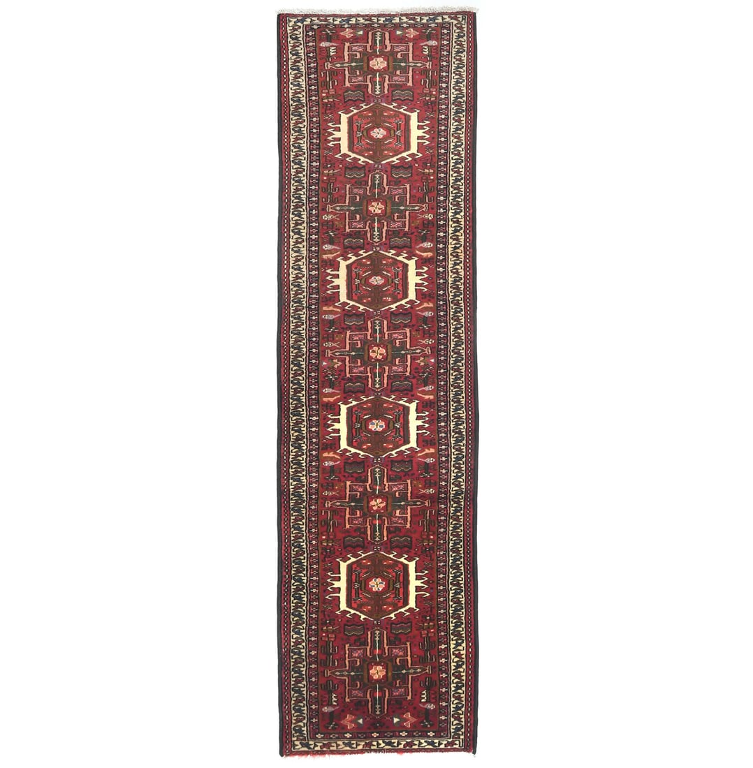 Hand Knotted Wool Tribal Geometric Runner Rug 2'4 x 9'5: Hand Knotted Wool Tribal Geometric Runner Rug 2'4 x 9'5 Enhance your space with this Vintage Handmade Oriental Runner Rug, featuring a striking tribal geometric design. Crafted from high-quality wool,