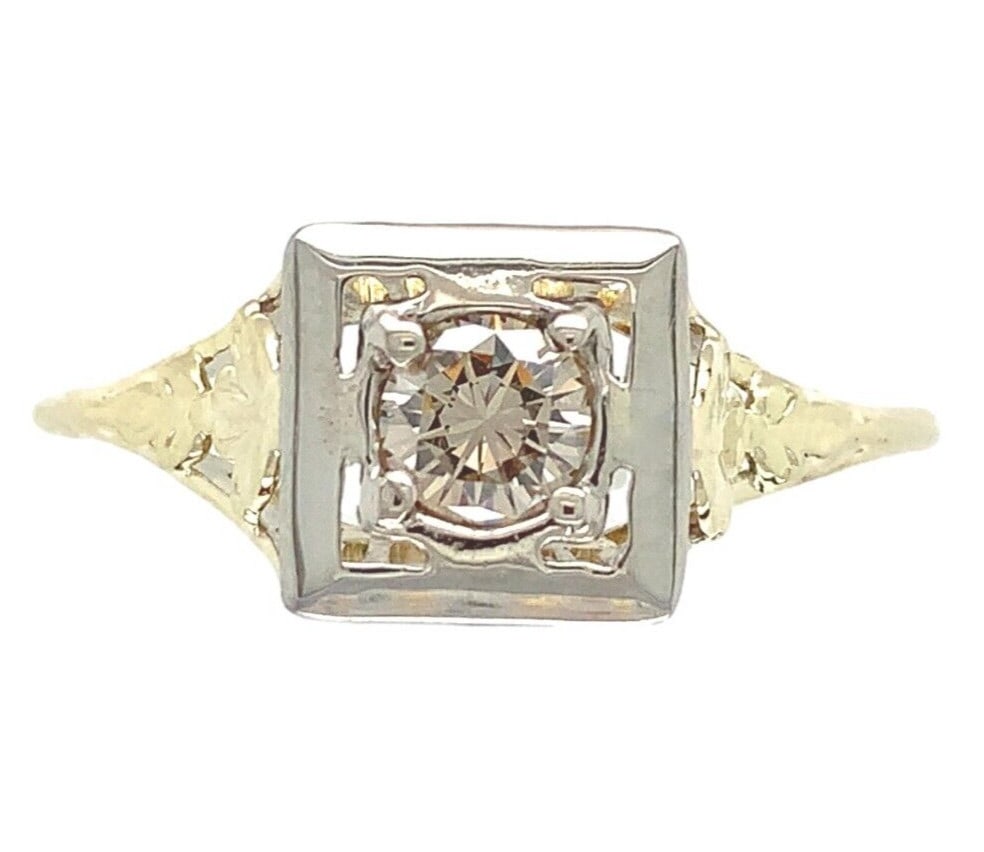 14k Gold Art Deco Filigree Ring with Champagne Diamond 0.26ct: 14k Gold Art Deco Filigree Ring with Champagne Diamond 0.26ct This exquisite Art Deco filigree ring features a stunning champagne diamond, a true representation of elegance and craftsmanship from the 