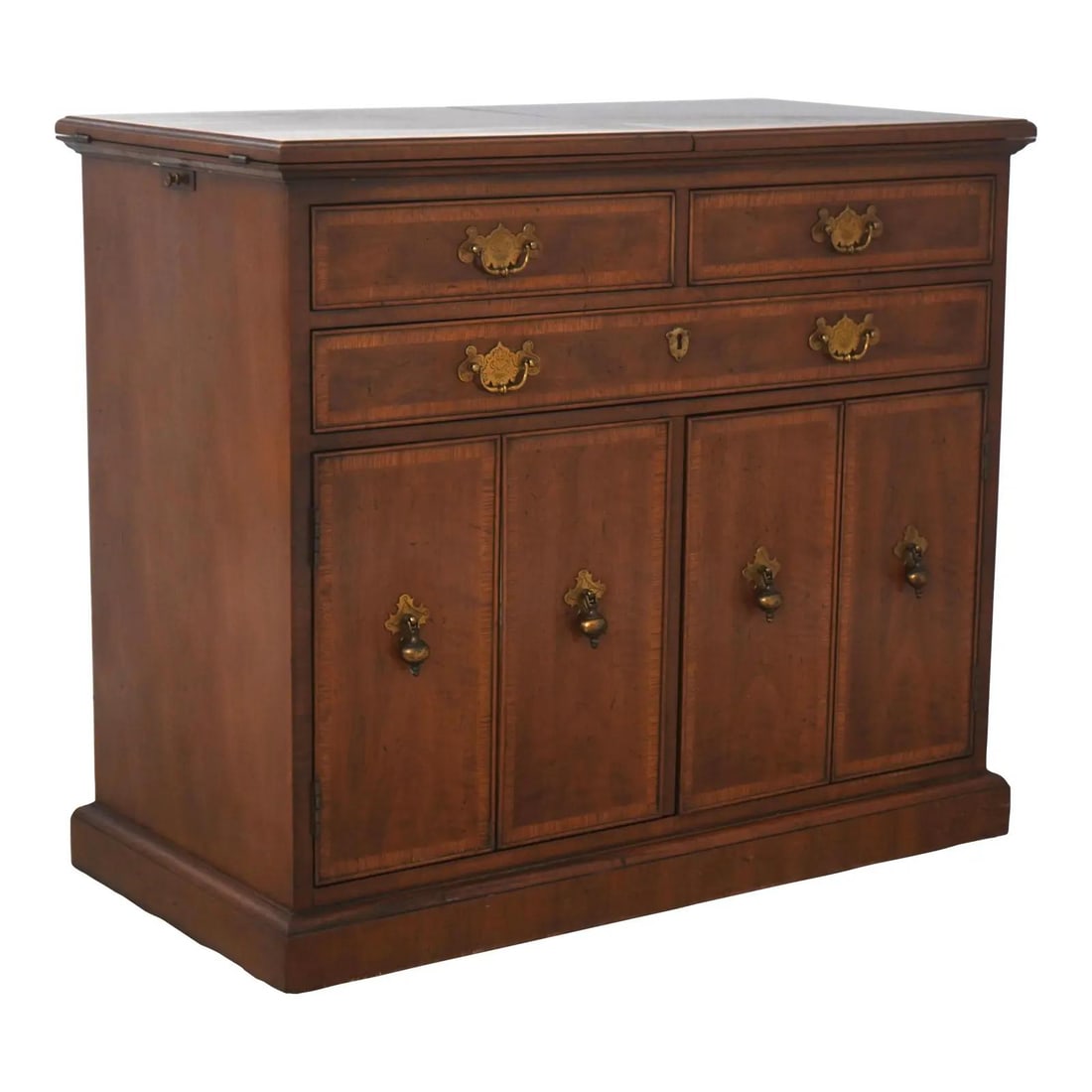 Mahogany bar cabinet by Henredon Chippendale style flip top: Mahogany bar cabinet by Henredon Chippendale style flip top A Henredon portfolio flip top bar cabinet in an 18th century design with Chippendale style influences. It features mahogany construction, ro