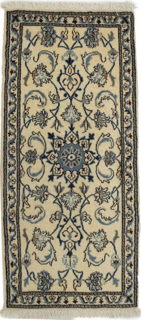 Handmade Vintage Floral Wool Rug 2'2 x 4'9 Eco-Friendly: Handmade Vintage Floral Wool Rug 2'2 x 4'9 Eco-Friendly This exquisite handmade vintage style Oriental rug features a classic floral pattern in a harmonious blend of cream, beige, blue, and dark navy 