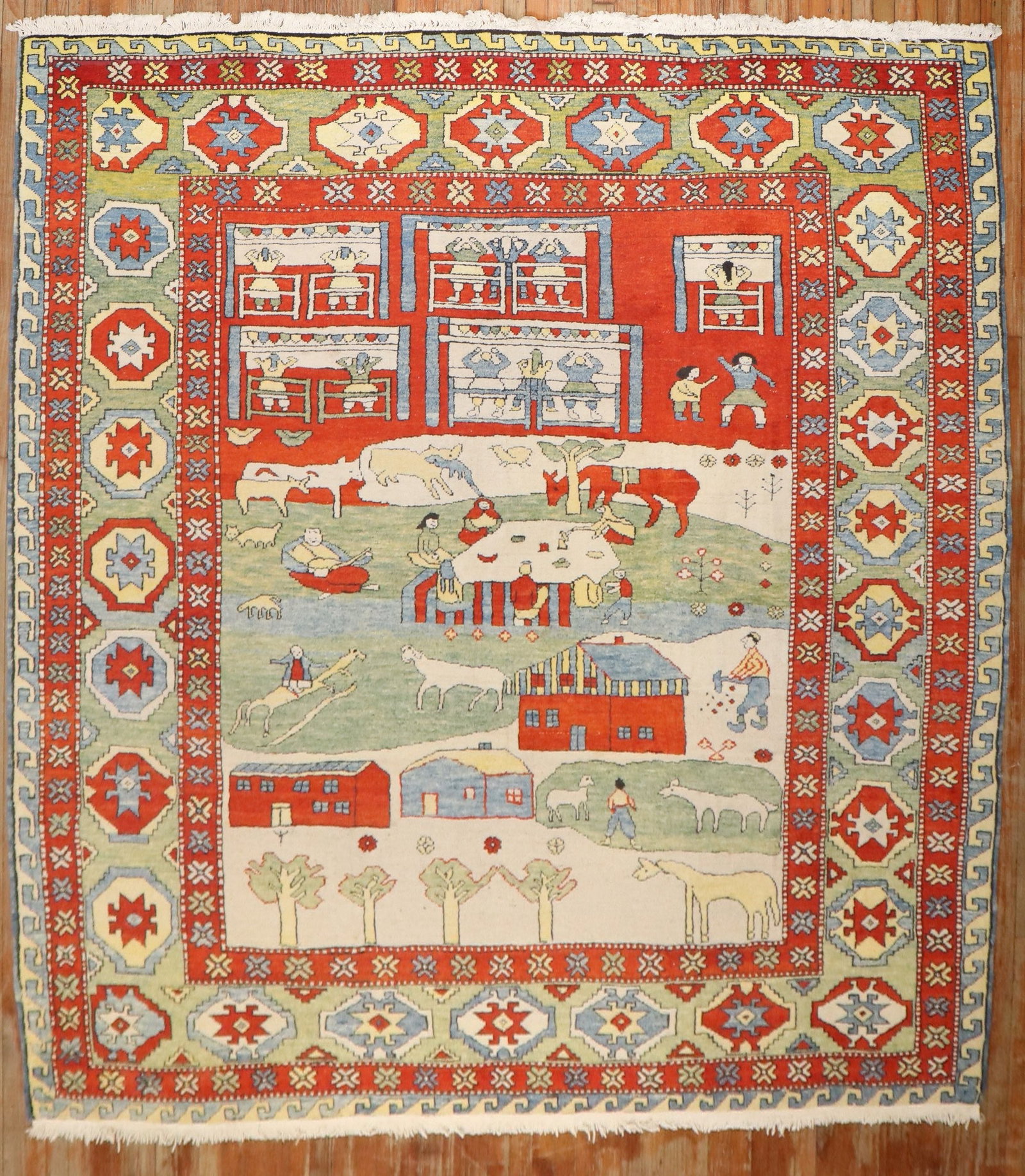 8' 6" x 10' 6" Turkish Azari Pictorial Room Rug: 8' 6" x 10' 6" Turkish Azari Pictorial Room Rug Vintage Turkish Azari pictorial room-size rug featuring an animal scenic design. This late 20th century rug is a pre-owned piece identified as Konya typ
