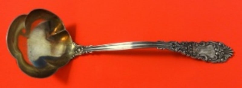 12 inch 3 Lobed Soup Ladle Sterling Silver Renaissance Dominick and Haff: 12 inch 3 Lobed Soup Ladle Sterling Silver Renaissance Dominick and Haff Sterling silver soup ladle in the Renaissance pattern by Dominick & Haff. It features a 3 lobed design, measures 12 inches, and