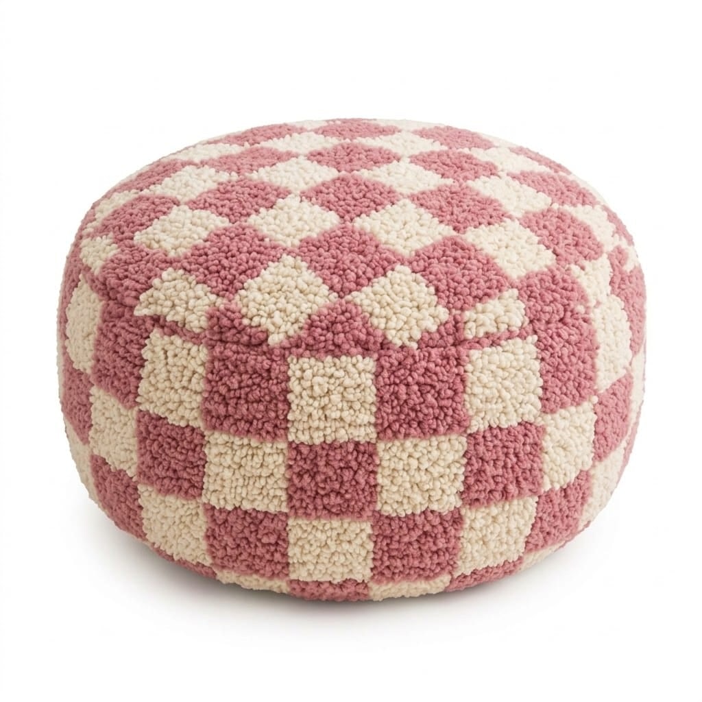 Handmade Beni Ouarain wool pouf cover pink ivory checkerboard: Handmade Beni Ouarain wool pouf cover pink ivory checkerboard Handmade Beni Ouarain Berber wool pouf crafted from a genuine handwoven rug by Berber women artisans from the Atlas Mountains of Morocco. 