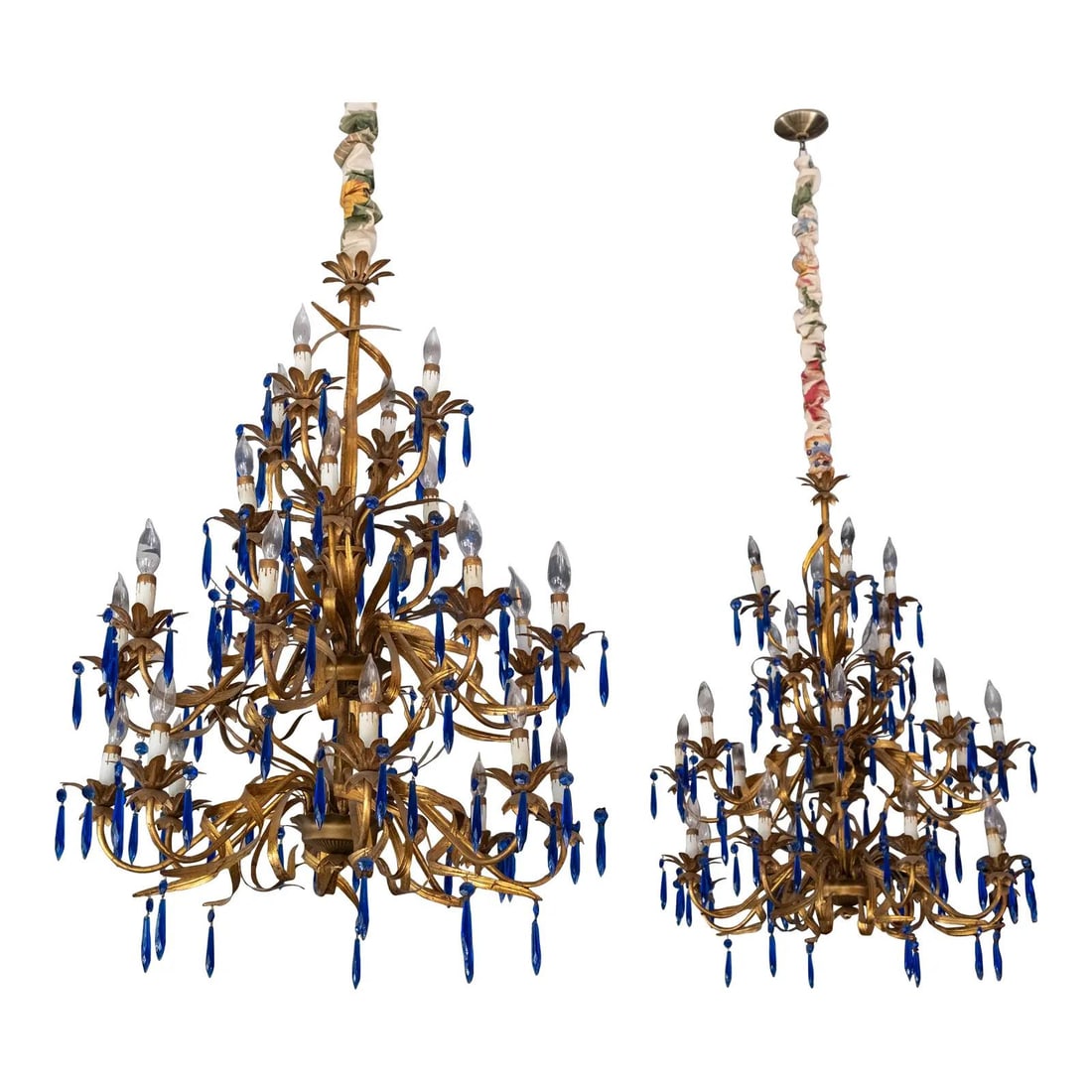 Vintage Italian Toleware Chandeliers Pair with Blue Prisms Gold Finish: Vintage Italian Toleware Chandeliers Pair with Blue Prisms Gold Finish This exquisite pair of vintage Italian toleware chandeliers, dating back to the 1950s-1960s, features beautifully crafted metal f